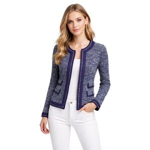 Talbots navy contrast trim knit cardigan blazer womens 4P cotton preppy chic